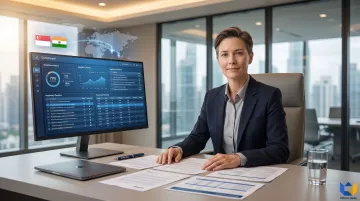 Singapore business executive reviewing India compliance risk report at office desk