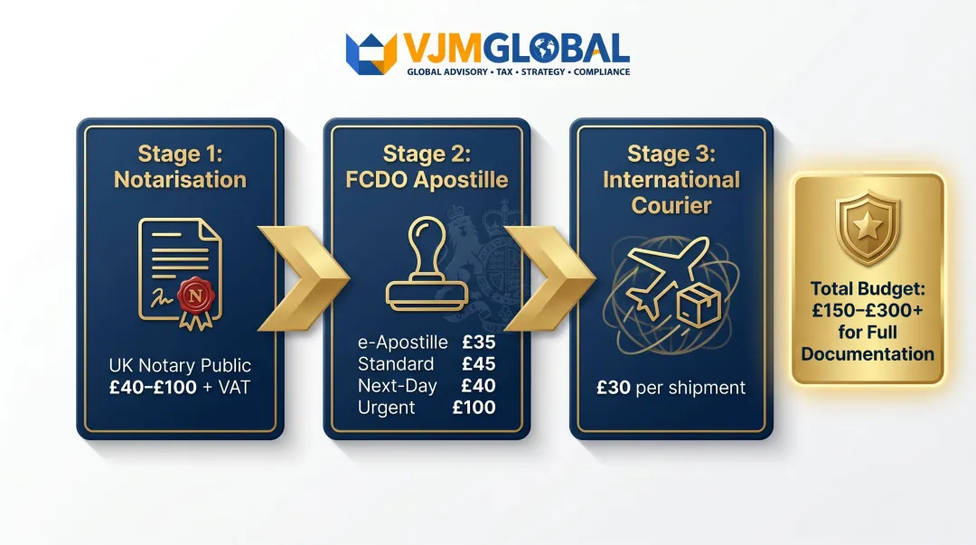 UK investor apostille notarisation and courier documentation cost breakdown infographic