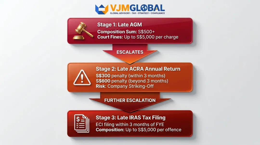 Singapore late audit cascading compliance penalties AGM ACRA IRAS fines breakdown