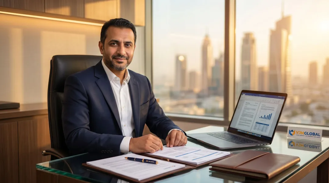 Business professional reviewing UAE Economic Substance Regulations compliance documents at desk