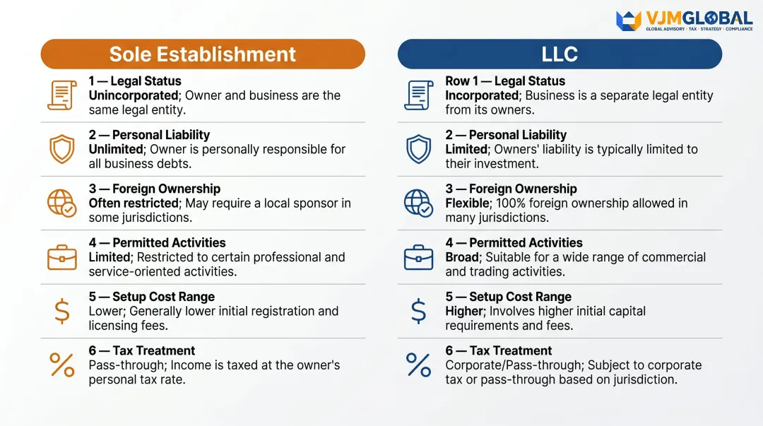 LLC versus sole establishment Dubai comparison infographic for Singapore entrepreneurs