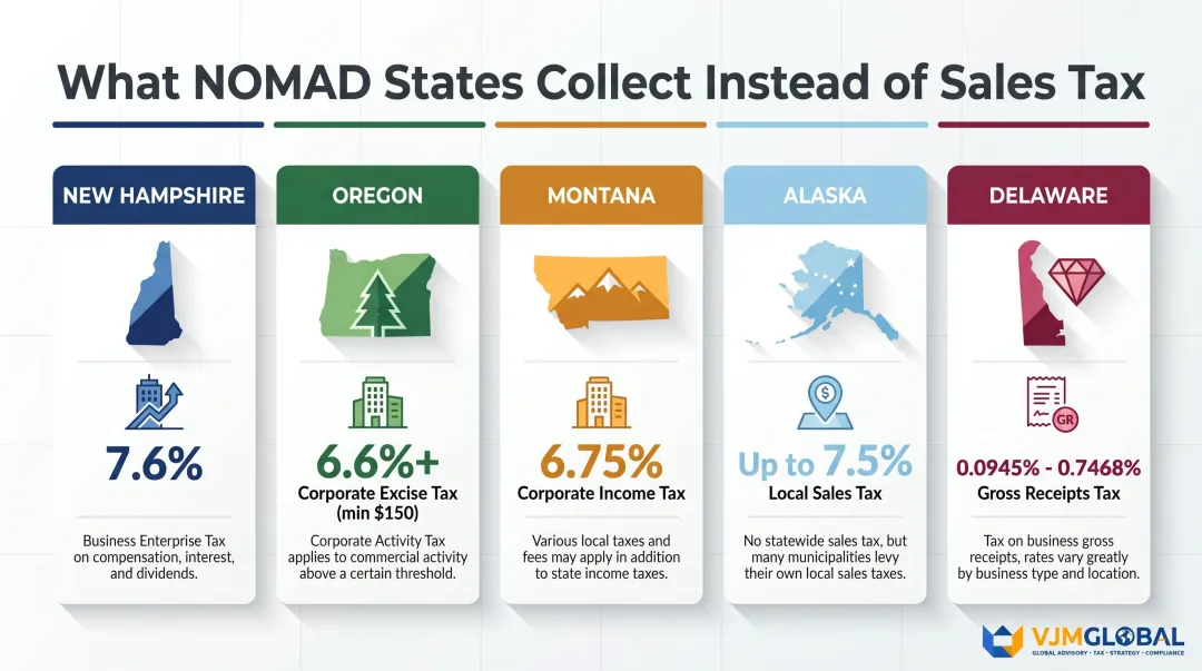 NOMAD states alternative tax comparison table infographic with five columns