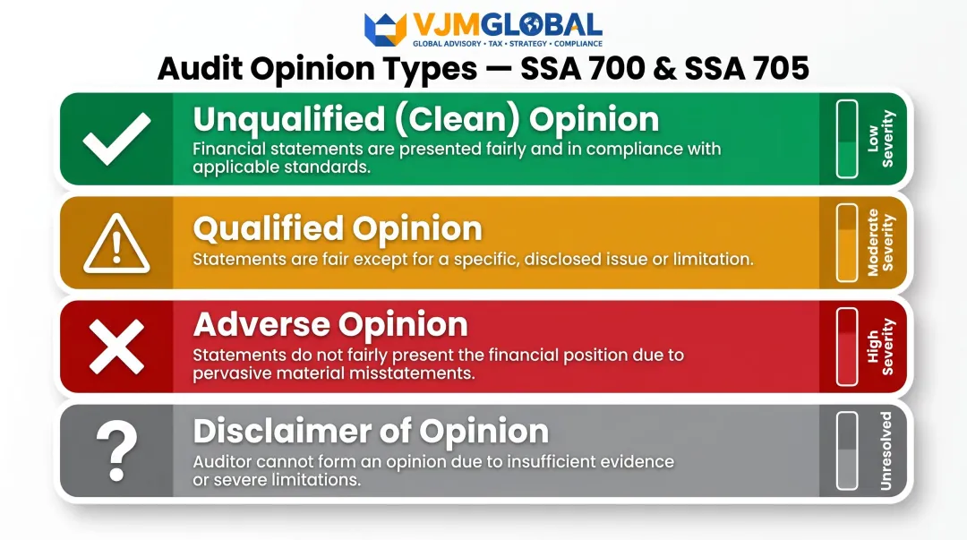 Four Singapore audit opinion types from unqualified to disclaimer of opinion