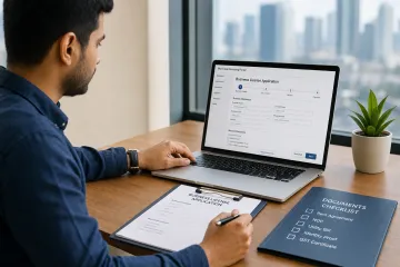 Small business owner reviewing municipal license application on computer