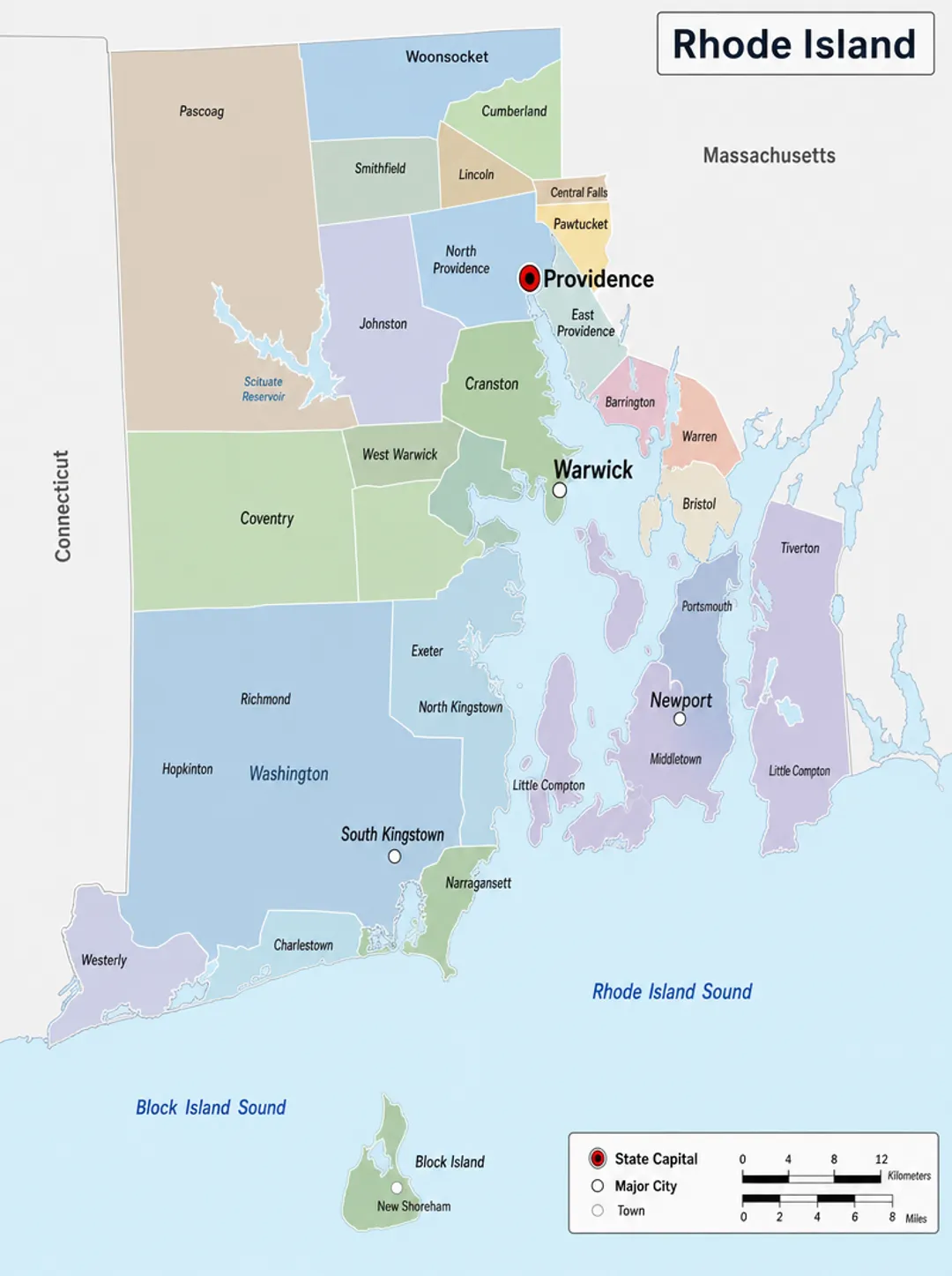 Rhode Island state map highlighting Providence and Warwick business zones
