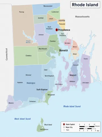 Rhode Island state map highlighting Providence and Warwick business zones