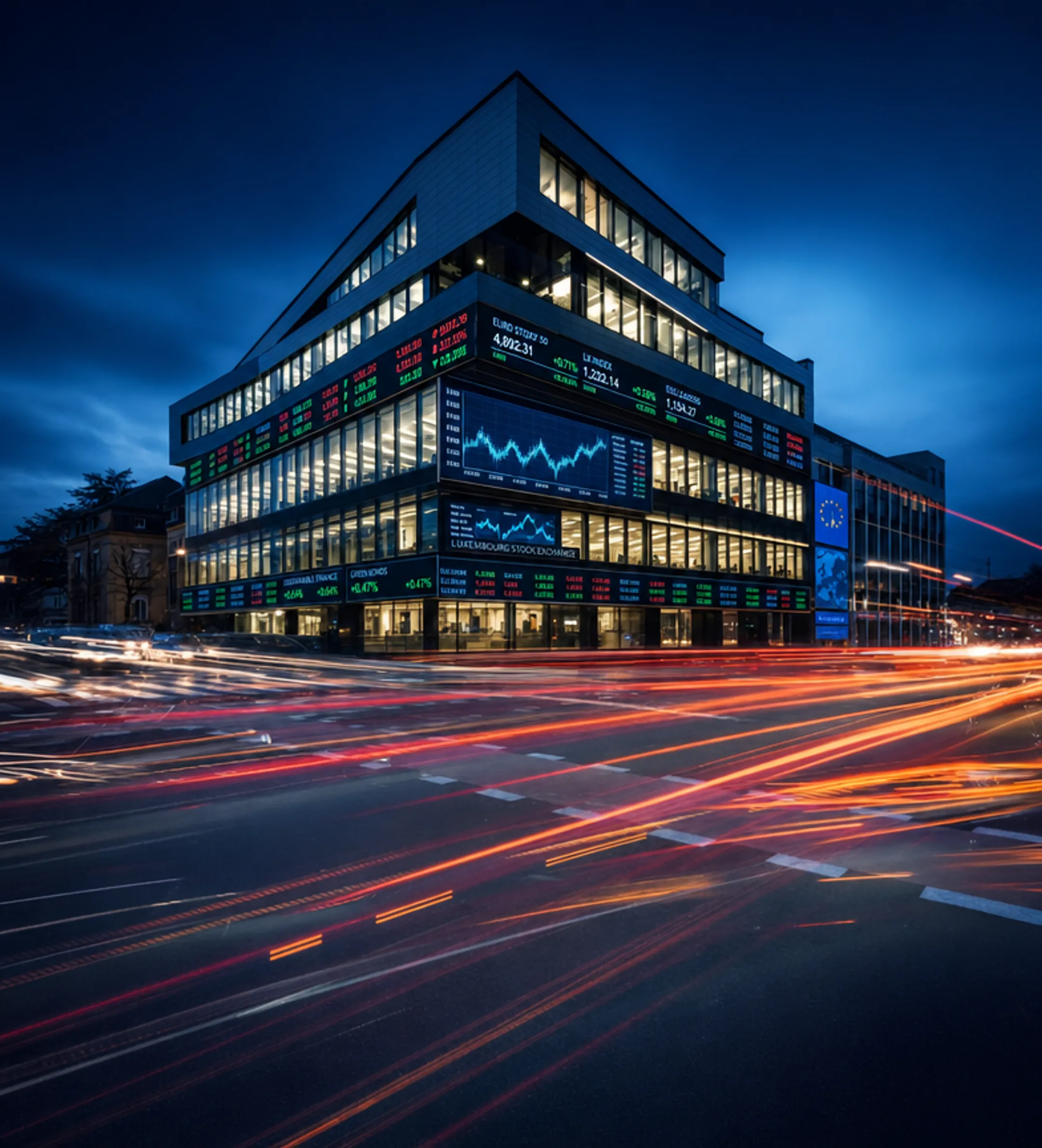 Luxembourg Stock Exchange trading floor with digital market data displays