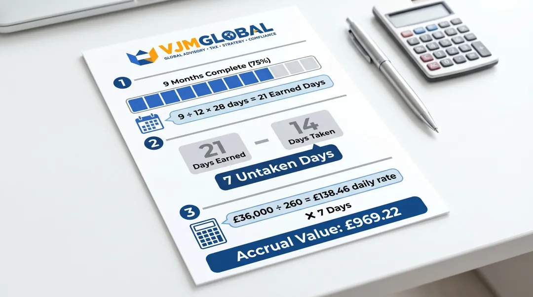 Holiday accrual three-step calculation worked example with Sarah Thompson figures