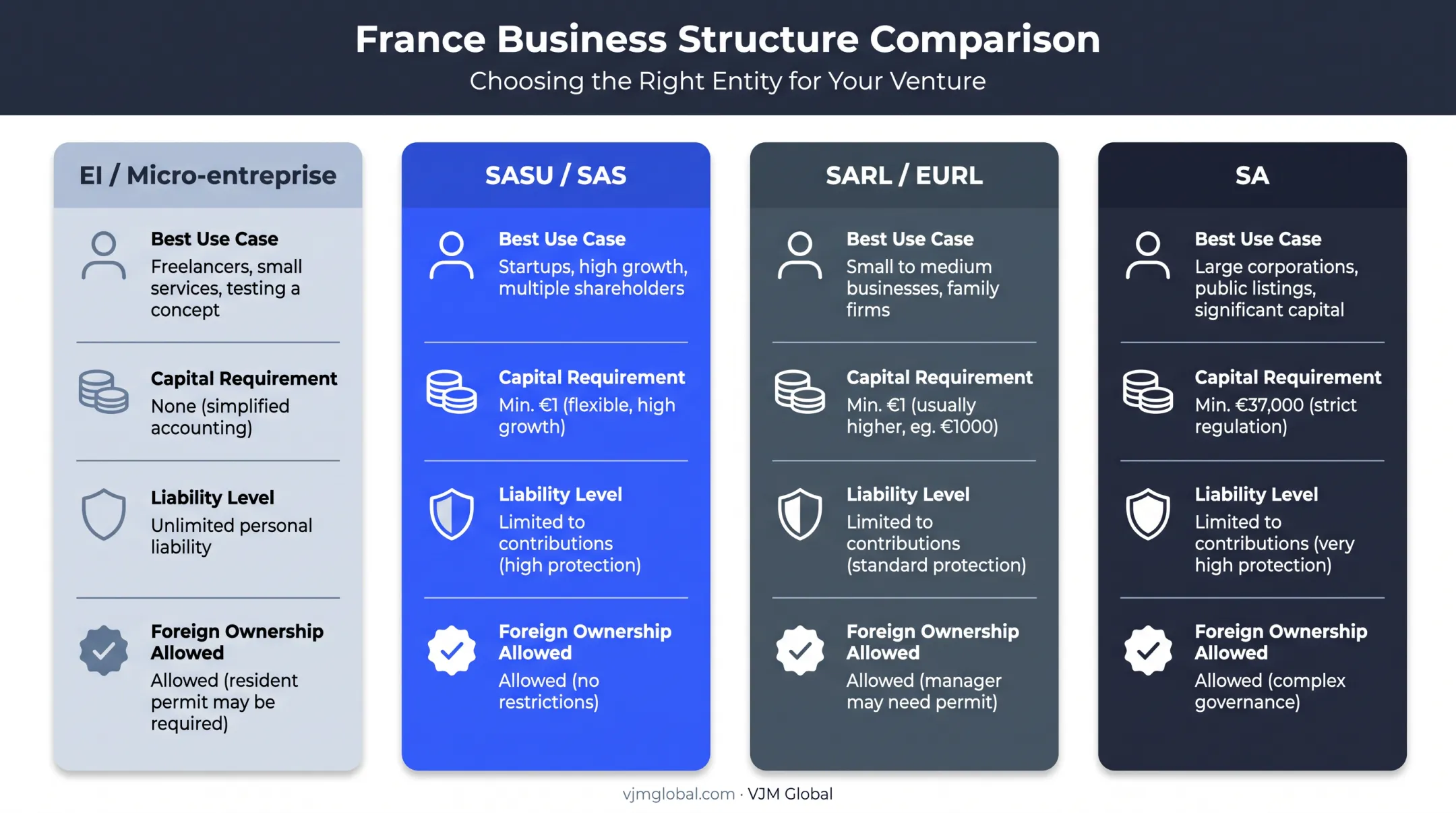 Comparison chart of French business structures SAS SARL EI SA for US founders