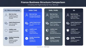 Comparison chart of French business structures SAS SARL EI SA for US founders