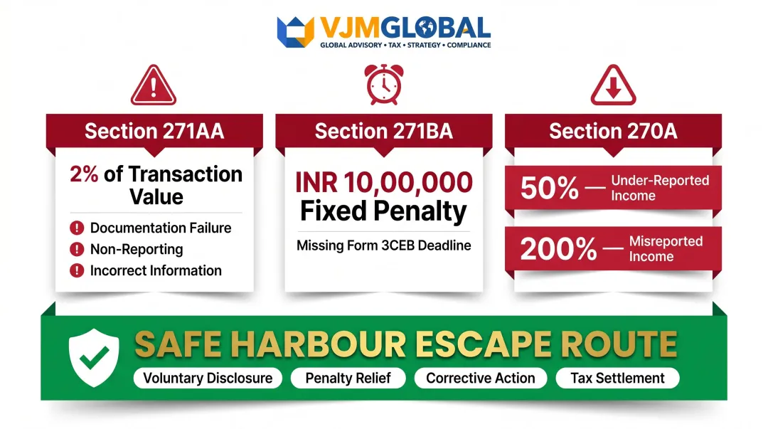 India transfer pricing penalty structure sections 271AA 271BA and 270A breakdown