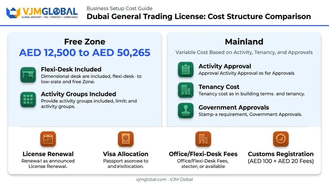 Dubai general trading license cost breakdown for free zone and mainland setups