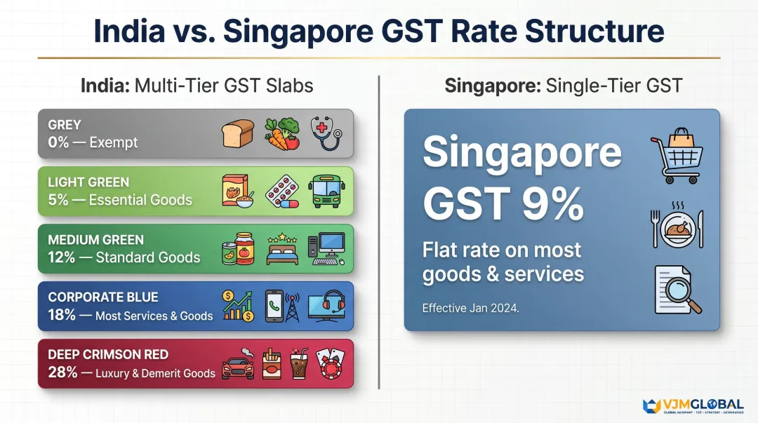 India GST five-slab rate structure compared to Singapore flat GST rate