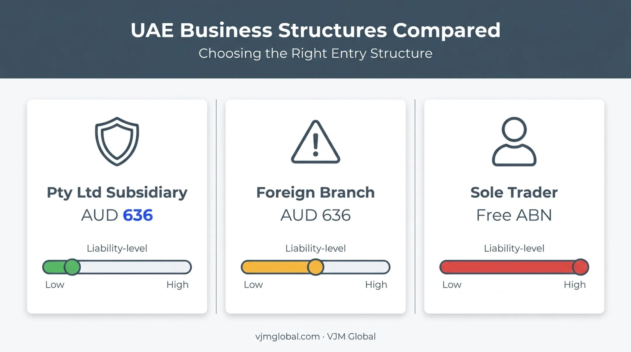 Pty Ltd subsidiary versus branch versus sole trader structure comparison chart