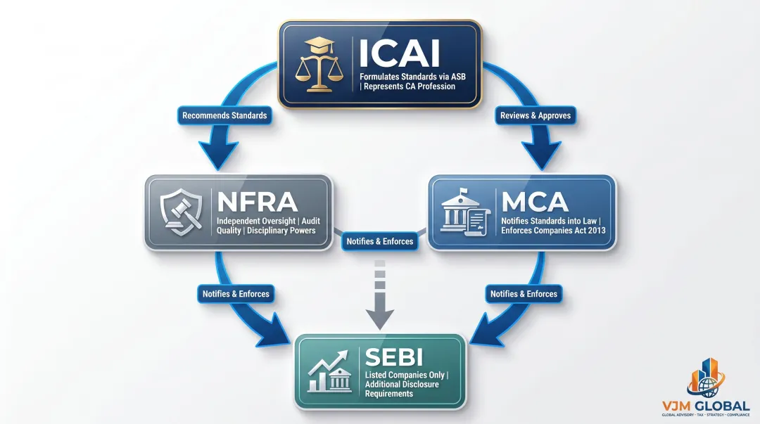 Three-body Ind AS regulatory framework ICAI NFRA and MCA roles
