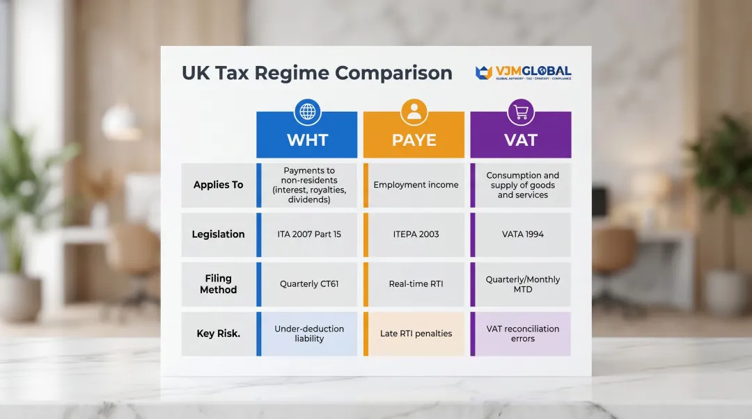 UK withholding tax versus PAYE versus VAT three-regime comparison table infographic