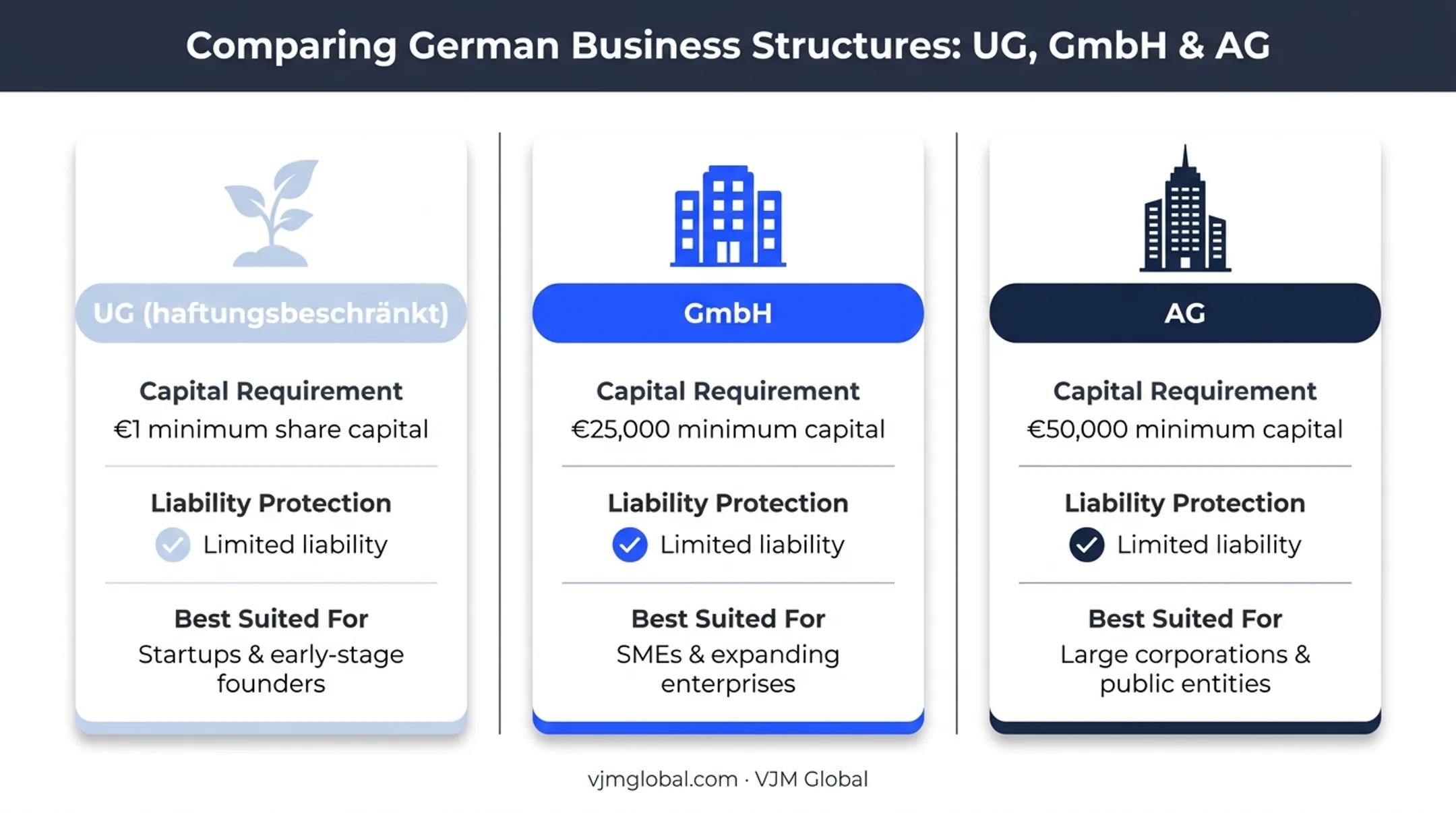 GmbH UG and AG comparison chart capital liability and suitability
