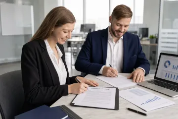 Business partners signing shareholder agreement documents in office setting