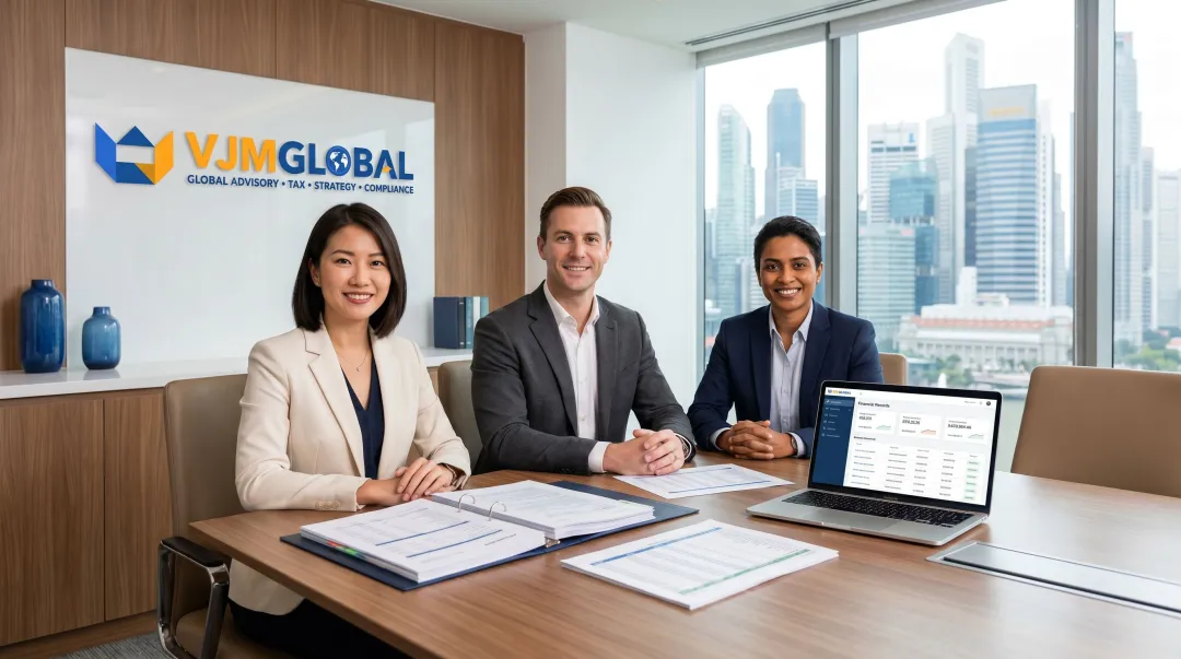 Foreign business team reviewing grant compliance documentation in Singapore office