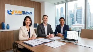 Foreign business team reviewing grant compliance documentation in Singapore office