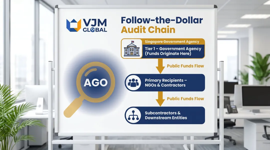 Follow-the-dollar audit mechanism tracing public funds through government to contractors