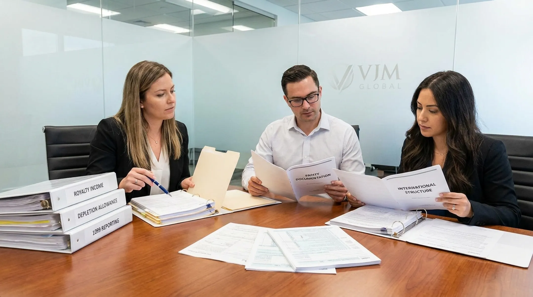 VJM Global professionals reviewing oil and gas royalty tax documents