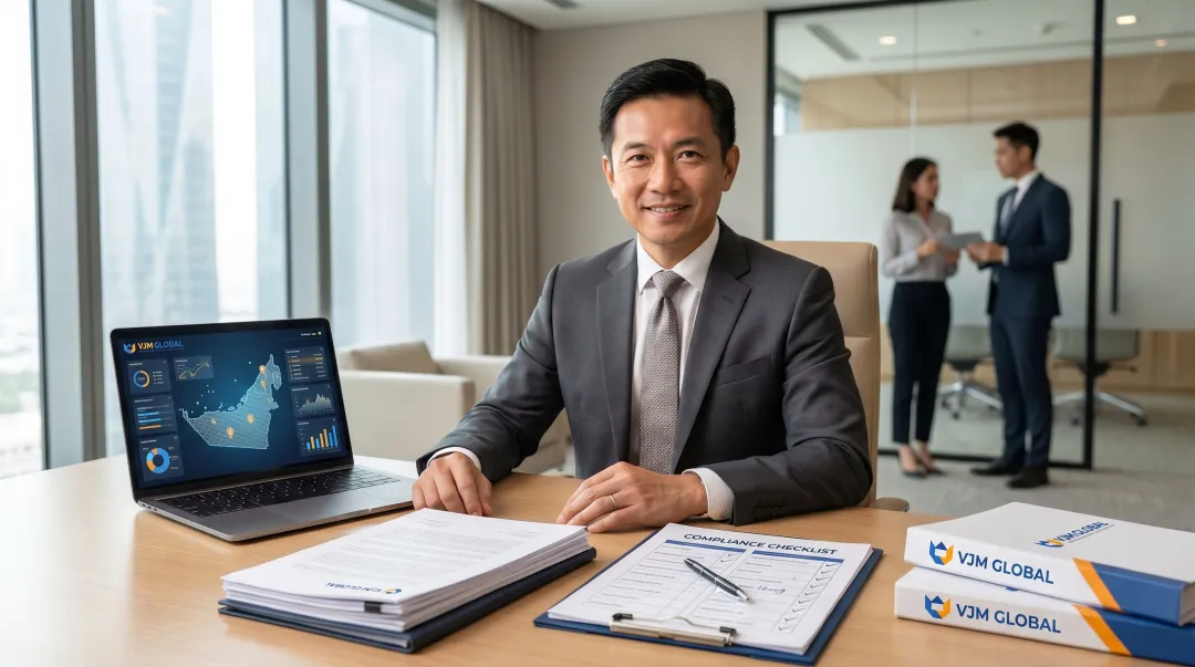 Singapore business professional reviewing UAE market entry documents and compliance checklist at desk