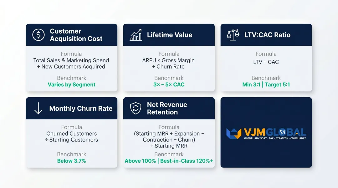 Key SaaS financial metrics benchmarks including LTV CAC NRR and churn rate