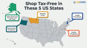 Five US states with zero sales tax map and shopping highlights for tourists