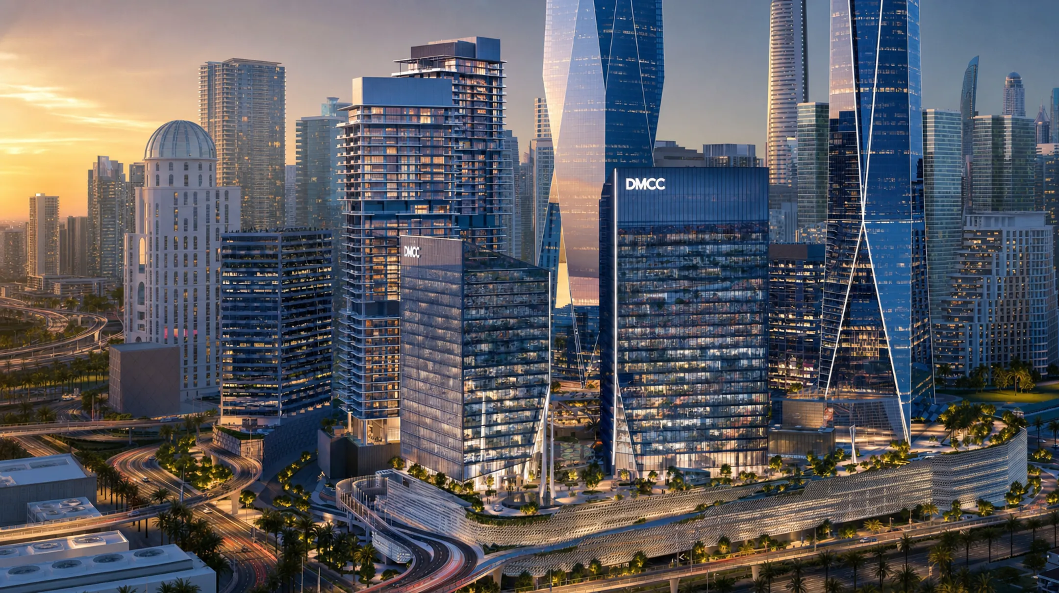 Dubai free zone business district skyline with modern commercial towers