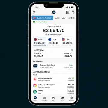 Fintech business banking app interface for international company account setup