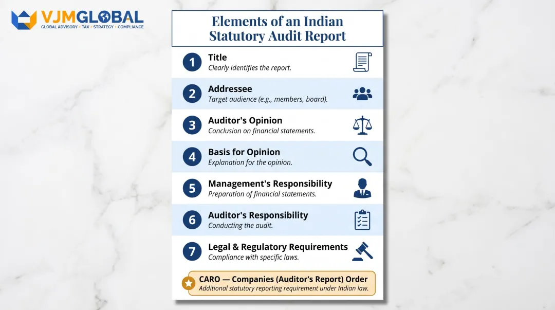 Seven key components of Indian statutory audit report structure numbered sequence