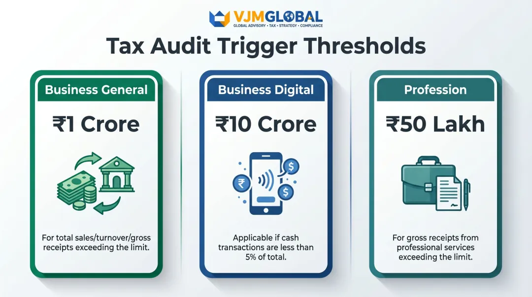 India tax audit turnover thresholds comparison table for three business categories