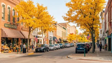 Small town main street storefronts representing local business community networking