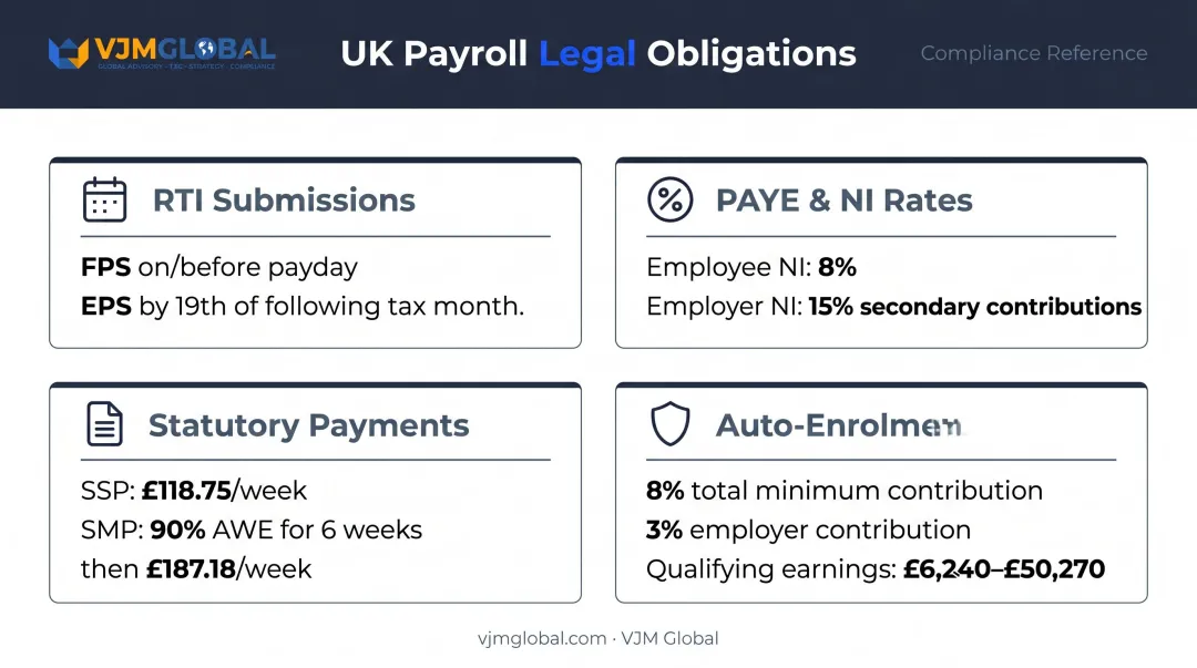 UK payroll compliance requirements breakdown RTI PAYE auto-enrolment statutory payments