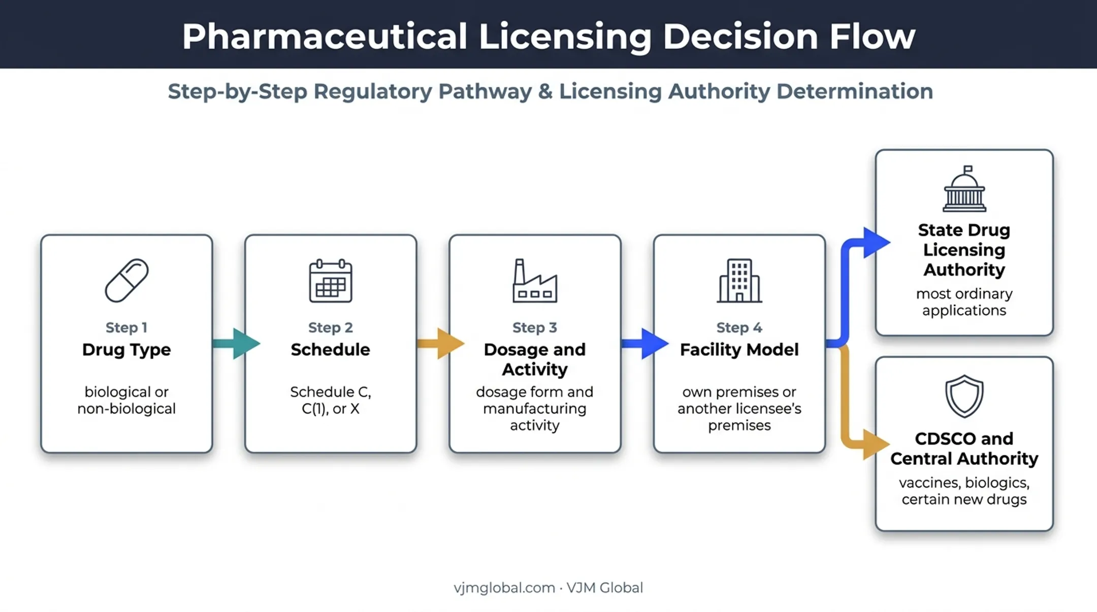 Four-question drug manufacturing licence route decision flow India