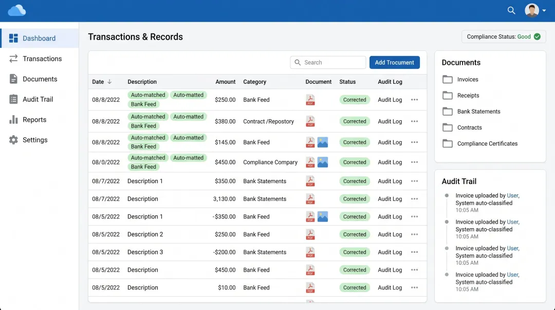 Cloud-based accounting software dashboard displaying automated transaction records and audit trail