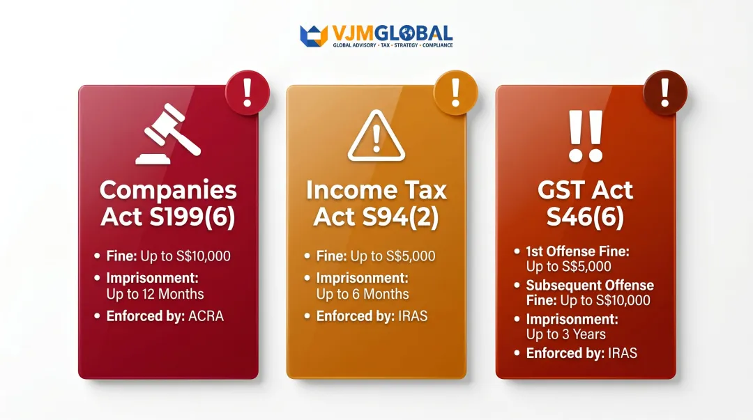 Singapore accounting record non-compliance penalties comparison across Companies Act Income Tax Act GST Act