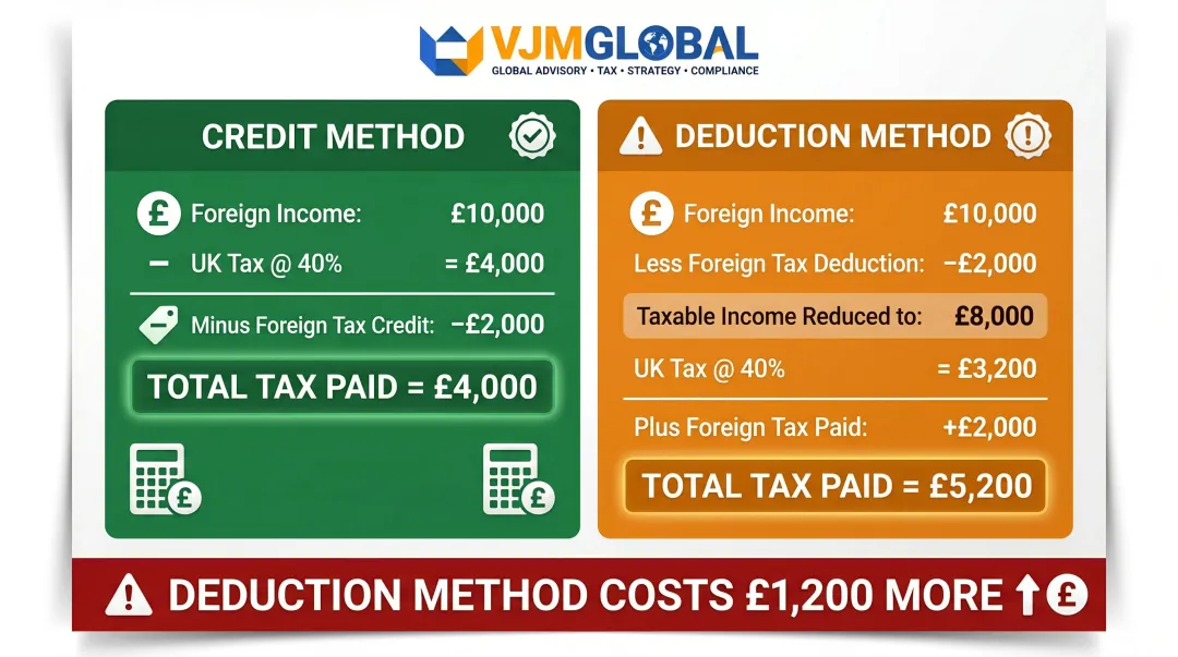 Credit method versus deduction method total tax comparison side-by-side infographic