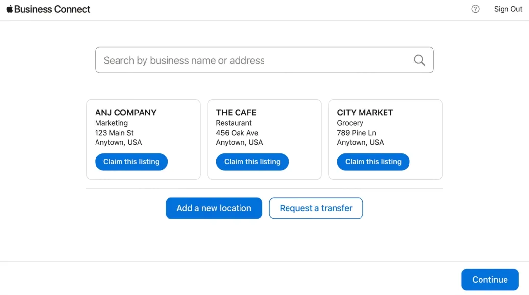 Apple Business Connect search interface showing claim or add new location options