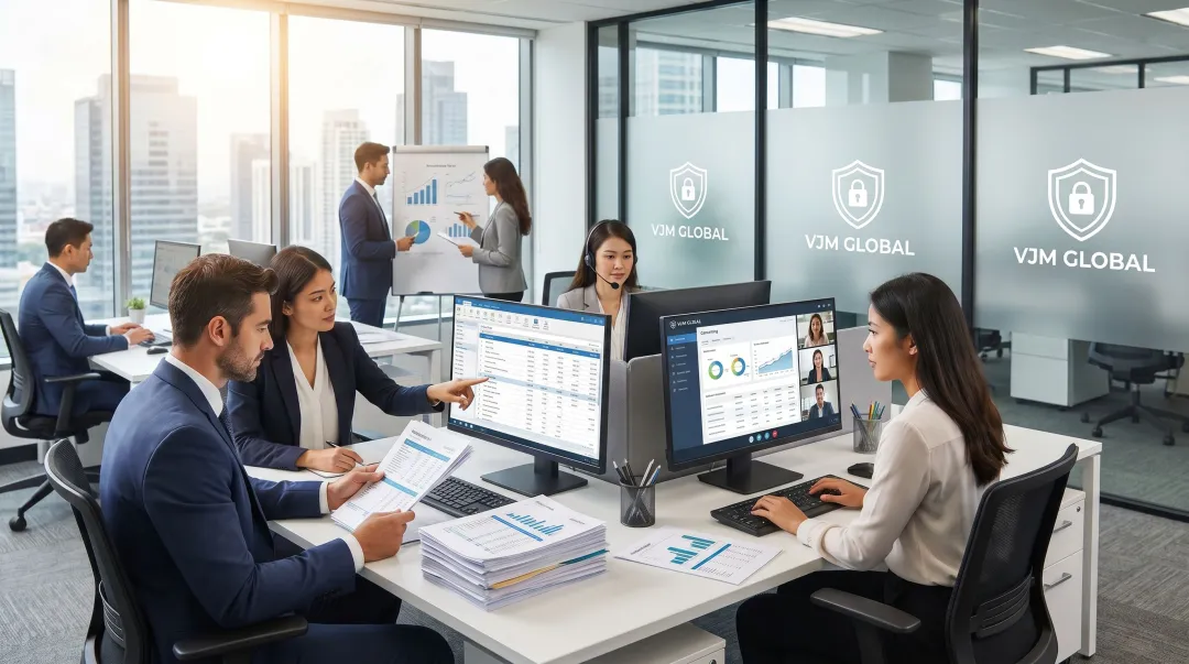 VJM Global outsourced accounting team reviewing UK small business financial reports