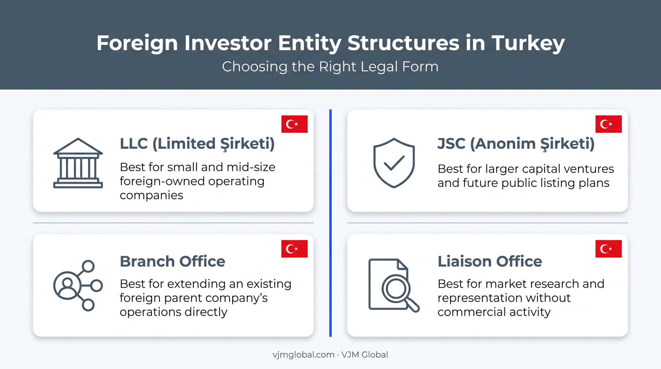 Four Turkish business entity types comparison for foreign founders