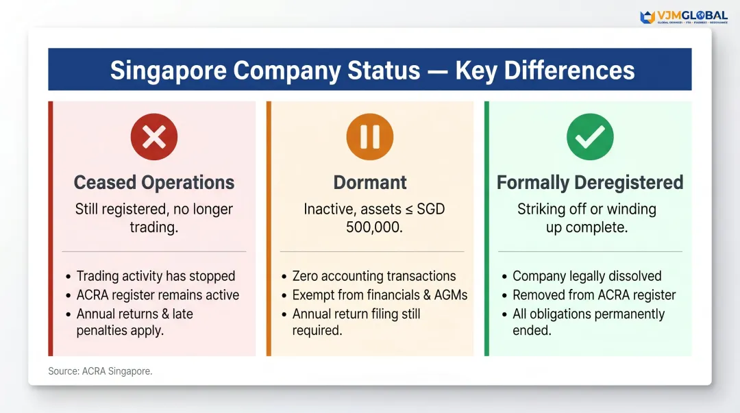 Three Singapore company statuses comparison ceased dormant formally deregistered obligations