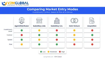 Five Brazil market entry modes compared by investment control speed and risk