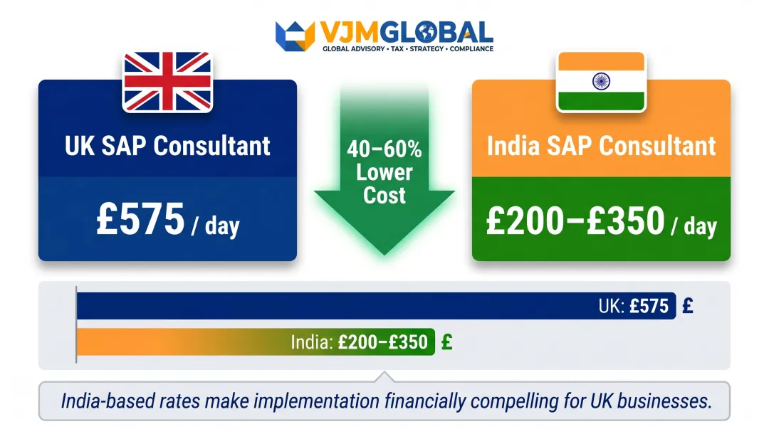 UK versus India SAP consultant daily rate cost arbitrage comparison infographic