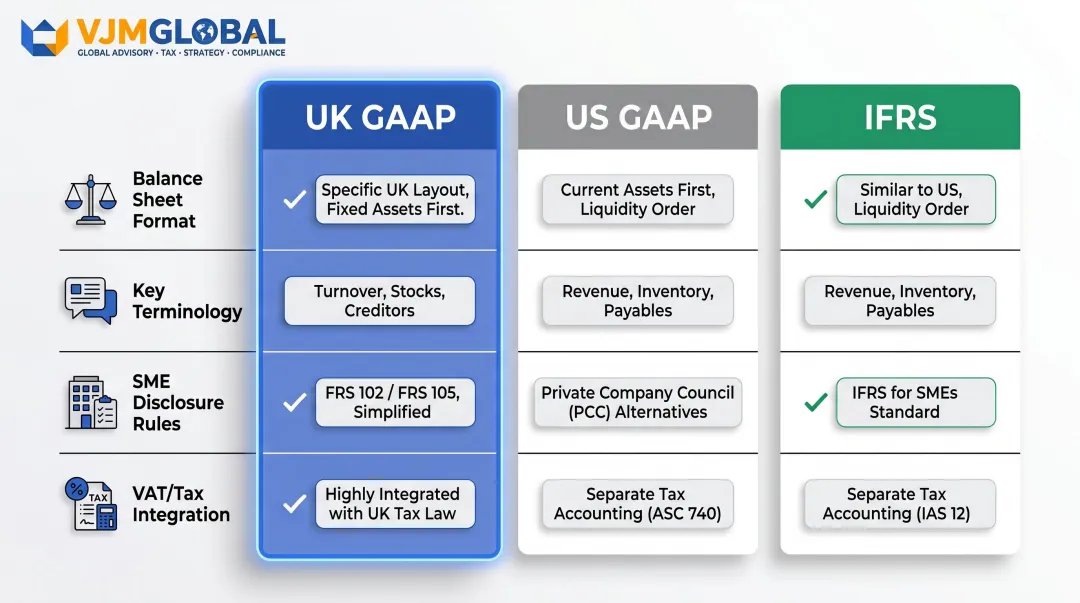 UK GAAP versus US GAAP versus IFRS chart of accounts key differences comparison