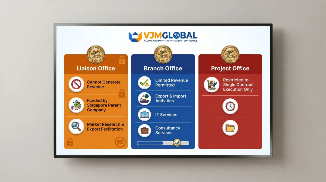 Three India entry structures liaison branch project office comparison infographic