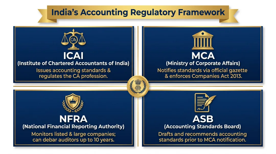 Four Indian accounting regulatory bodies ICAI MCA NFRA ASB roles overview