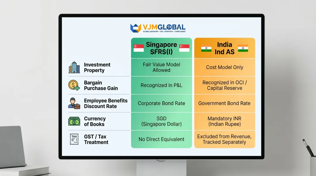 India Ind AS versus Singapore SFRS key accounting differences side-by-side comparison chart