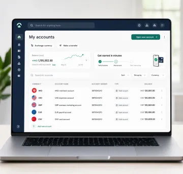 Fintech multi-currency business account onboarding interface on mobile device